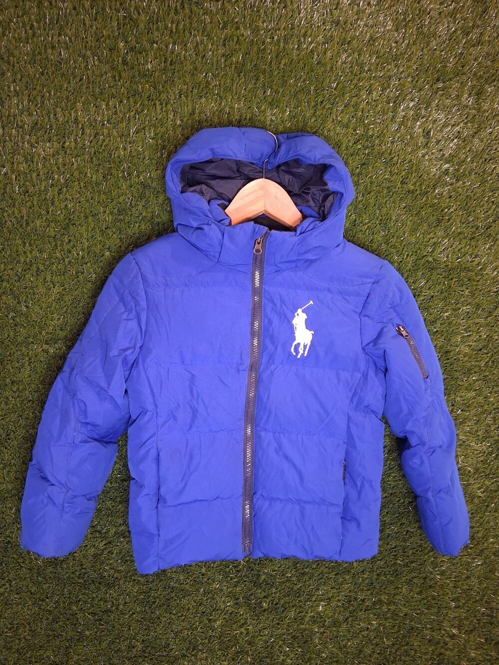 Polo Ralph Lauren Boys Big Pony Down Puffer Jacket Blue Hooded Size 7 Kids S